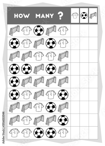 Counting educational game for children. Count how many Football objects in each row and write the result! Black and white outline contour sport coloring page for kids