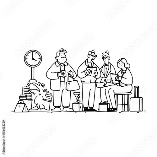 Diverse group of people patiently waiting in a queue with luggage and bags a clock indicating time passing symbolizing travel appointments or a shared experience rendered