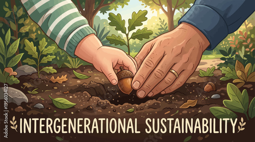 Intergenerational Sustainability: Child and Adult Hands Planting Acorn in Forest Soil Vector Illustration