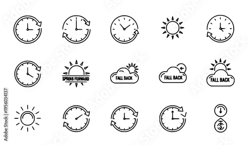 set of clocks Daylight Saving Time Icons Spring Forward Fall Back Clock Vector Set