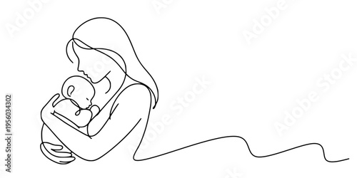Parent Holding Baby Line Art, Minimalist continuous-line drawing of a person in side profile gently cradling a baby close to the chest, symbolizing care, bonding, and parenthood.