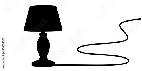 Table Lamp Line Art, Minimalist continuous-line drawing of a table lamp and partial circular object, rendered in simple black lines