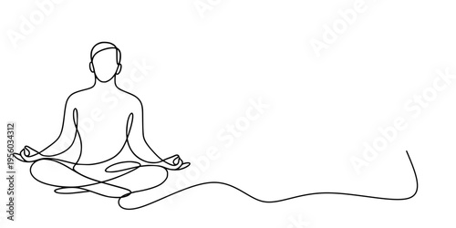 Meditative Pose Line Art, Minimalist continuous-line drawing of a person sitting cross-legged in meditation with hands resting on knees