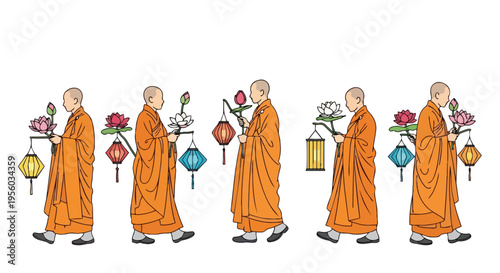 Flat 2D illustration of monks walking in a line on Vesak, Purnima, carrying flowers and lanterns, in orange robes against a white background with a cultural and religious theme from India.