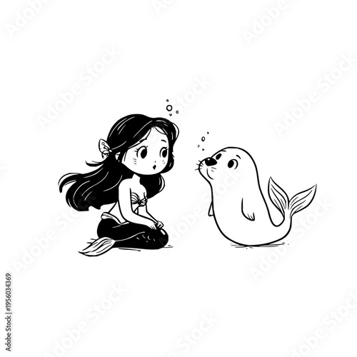 Whimsical black and white line art illustration of a cute curious young mermaid with flowing dark hair and a seashell bra sitting underwater and looking at a playful seal pup