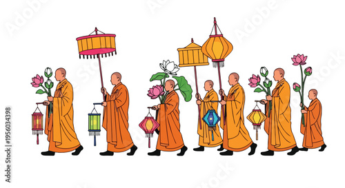 A flat 2D illustration of Buddhist monks walking in a procession on Vesak, carrying lanterns and flowers in orange robes against a white background, conveying a sense of cultural and religious