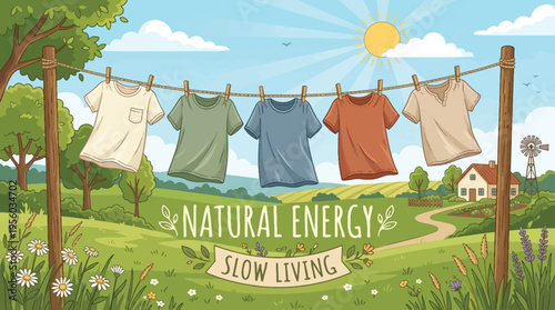 Natural Energy Slow Living Concept: Fresh Laundry Drying on a Clothesline in a Sunny Rural Landscape Vector