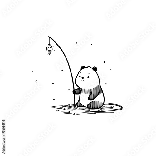 Charming hand drawn black and white illustration of a cute fluffy panda bear sitting patiently on the water's surface holding a fishing rod with a small lure evoking a sense