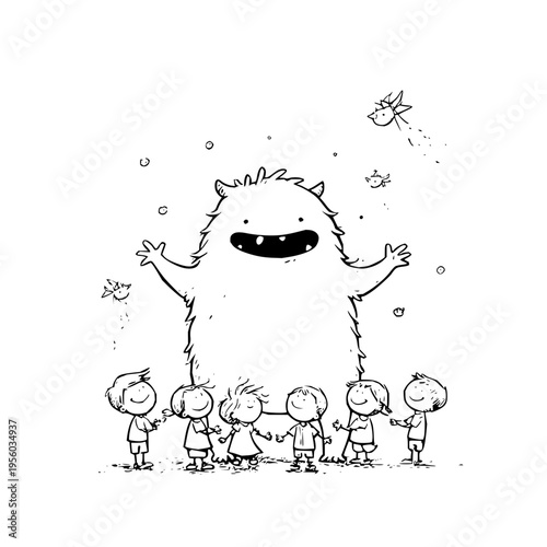 Whimsical black and white line art illustration of a friendly fluffy monster with wide arms welcoming a circle of diverse smiling children holding hands in a playful innocent