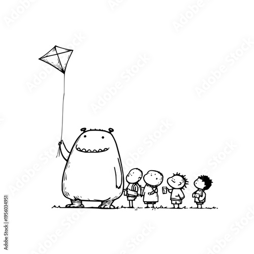 Whimsical hand drawn black and white illustration of a friendly fuzzy monster holding a kite aloft for a line of eager diverse children symbolizing friendship imagination