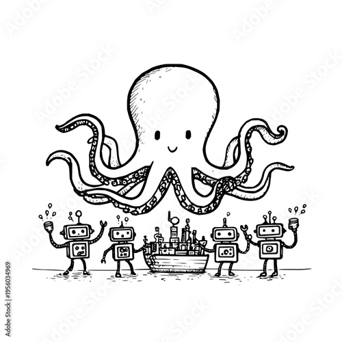Whimsical black and white sketch features a friendly octopus overseeing a quirky celebration with four small anthropomorphic robots raising drinks around a miniature cityscape