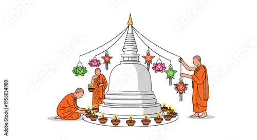 Flat 2D illustration of Buddhist monks decorating a stupa with flowers on Vesak day in India with a serene and cultural mood.