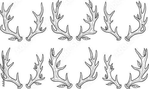 Deer antler silhouette illustrations, decorative wildlife artwork, anatomical horn design, black white figure set, nature stylized collection