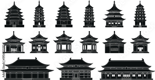 Pagoda temple silhouette illustrations, East Asian architecture artwork, cultural heritage design, black white figure set, traditional stylized collection