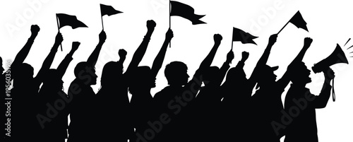 Protest rally silhouette illustration, crowd activism artwork, unity demonstration design, black white figure set, social movement stylized collection