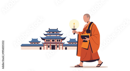 A Buddhist monk in orange robes walks with a lit lantern in front of a traditional Indian temple on Vesak, Purnima, against a flat 2D background with warm tones.