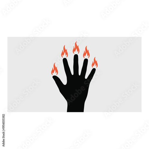 Black silhouette of a hand with four fingers on fire in a threatening gesture on gray background