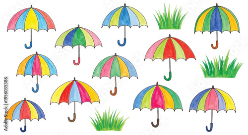 Hand down rainbow umbrella seamless pattern vibrant rainy season repeat background design