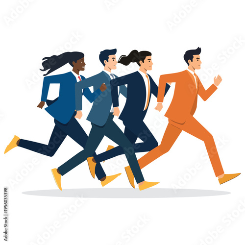 Diverse group of business professionals energetically running forward symbolizing ambition and progress