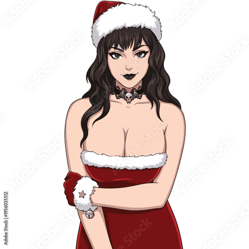 セクシーなサンタ衣装のゴシック系黒髪美女