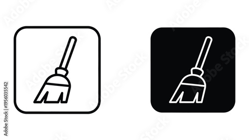 Broom icons in black and white vector illustration, flat design