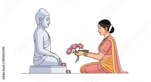 A woman in traditional Indian attire offering flowers to a Buddha statue on Vesak, Purnima day, depicted in a flat 2D illustration with a serene and cultural mood.