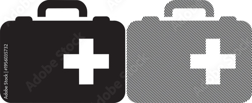 Medical first aid kits depicted as stylized briefcases with cross symbols