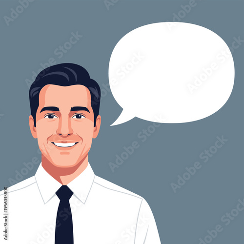A smiling businessman stands with a speech bubble, ready to communicate his thoughts and ideas.