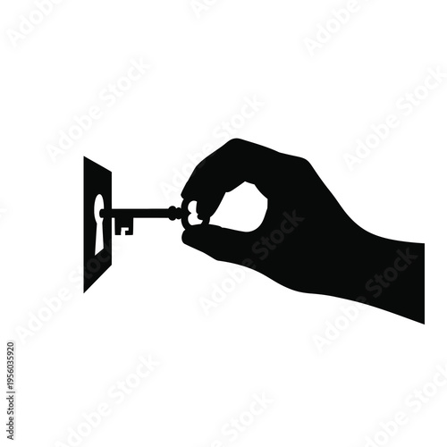 Black silhouette of a hand inserting a key into a lock on white background