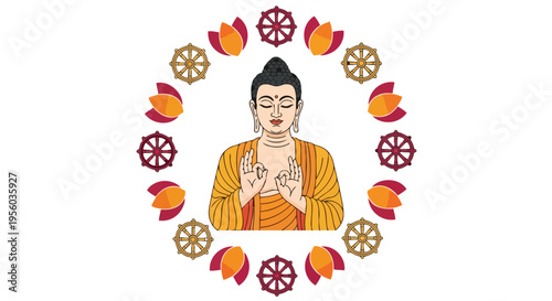 Flat 2D illustration of Buddha surrounded by lotus flowers and wheels on Vesak, a significant Buddhist holiday in India.