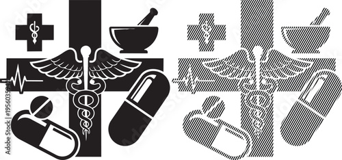Historical medical and pharmaceutical symbols intertwined with cross patterns