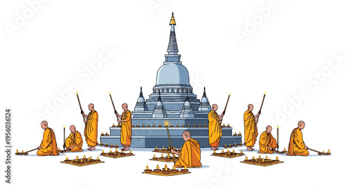 Flat 2D illustration of monks in orange robes celebrating Vesak near a stupa in India with a serene atmosphere.