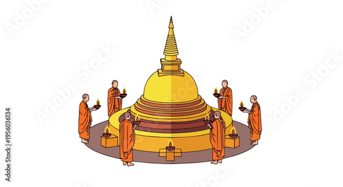 Flat 2D illustration of monks gathered around a golden stupa on Vesak day in India, celebrating Purnima with traditional offerings and chanting.