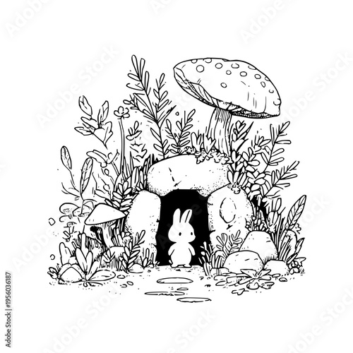 Whimsical black and white line art illustration of a cute fluffy bunny peeking out from a cozy moss covered burrow entrance surrounded by lush foliage large mushrooms