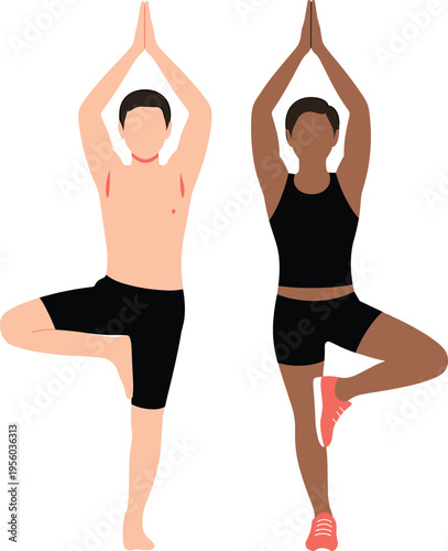 Diverse Man and Woman Practicing Yoga Tree Pose for Balance and Wellness Illustration Isolated on White Background for Healthy Lifestyle and Meditation Concepts
