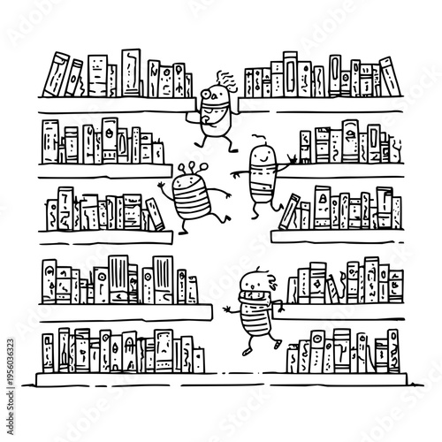 Whimsical hand drawn black and white illustration of playful cartoonish characters with striped bodies and antennae joyfully dancing and exploring shelves filled with diverse
