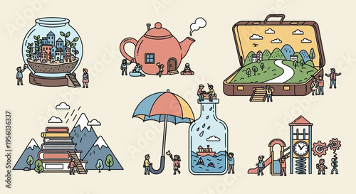 A collection of whimsical illustrations depicting tiny people interacting with everyday objects transformed into miniature worlds and imaginative landscapes.