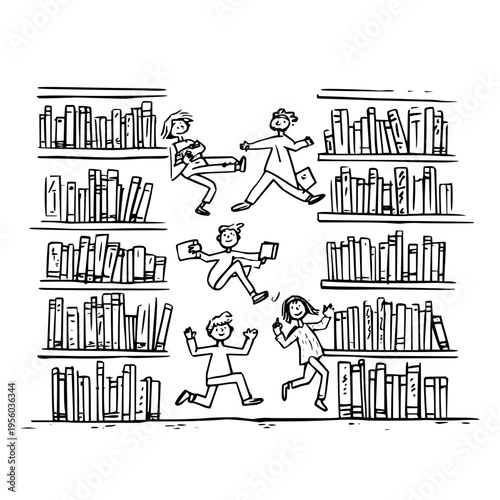 Energetic children gleefully jumping and running through a vibrant library filled with towering bookshelves expressing joy and excitement for reading and learning rendered