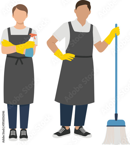 Professional Cleaning Service Team Man and Woman in Aprons Holding Mop and Spray Bottle Ready for Janitorial Work Illustration Isolated on White Background Asset