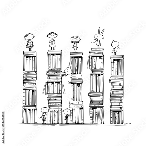 Whimsical hand drawn sketch featuring a diverse group of stylized cartoon children and a whimsical rabbit character standing atop towering stacks of vintage books