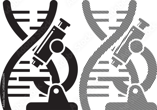 Microscopes flanking a double helix symbolizing the intersection of biology and genetics research