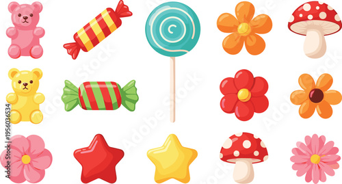 Cute candy and decorative elements set with gummy bears lollipops flowers mushrooms and stars cartoon vector illustration