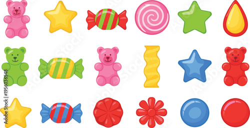 Bright candy collection with gummy bears lollipops wrapped sweets stars and flowers colorful cartoon vector illustration set