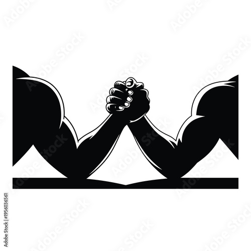 Arm wrestling icon, silhouette of two muscular arms competing, vector illustration isolated on white background