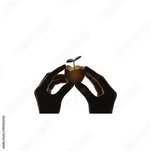 Hands holding a cracked eggshell with a small green sprout growing out of it isolated on white background