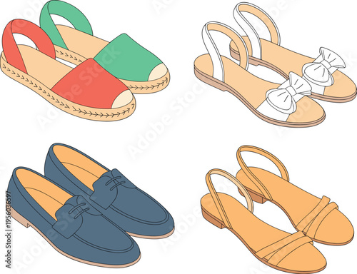 Summer shoes collection with sandals espadrilles and loafers casual footwear set stylish fashion vector illustration