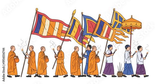 Flat 2D illustration of a Vesak procession with monks and devotees carrying flags and incense on Purnima day in India.