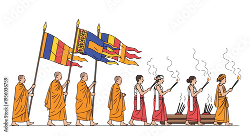 Flat 2D illustration of Buddhist monks and devotees celebrating Vesak or Purnima in India with colorful flags and incense.