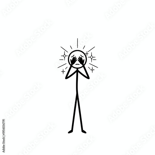 Thin stickman character covering face due to intense light sensitivity and migraine headache