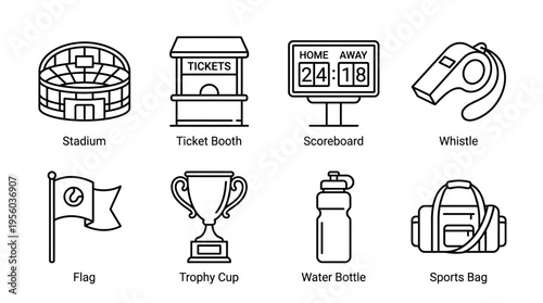"Minimal line icons of sports event elements including stadium, tickets, scoreboard, whistle, trophy, gear."